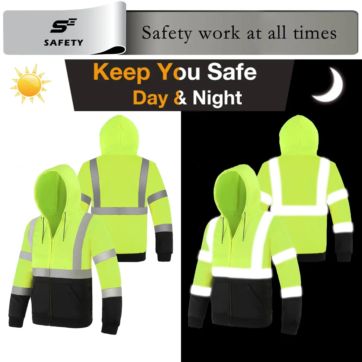 sesafety High Visibility Safety Sweatshirt for Men, Class 3 Reflective Hoodie, Yellow-204 | ANSI 107 Type R Class 3 Compliant (70-120 chars) - view 6
