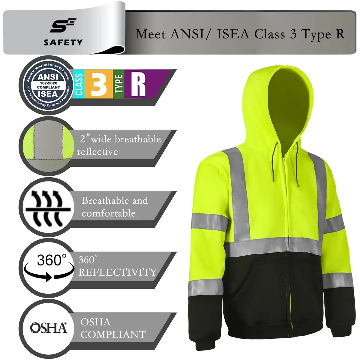sesafety High Visibility Safety Sweatshirt for Men, Class 3 Reflective Hoodie, Yellow-204 | ANSI 107 Type R Class 3 Compliant (70-120 chars) - view 3