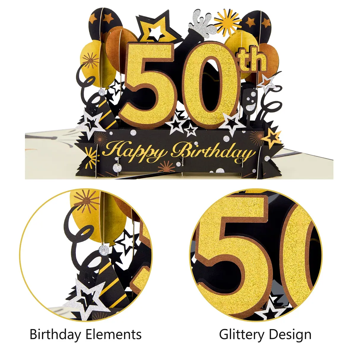 HOMANGA Happy 50th Birthday Pop Up Card | 6" x 8" Glitter Design for Milestone Celebration - view 4