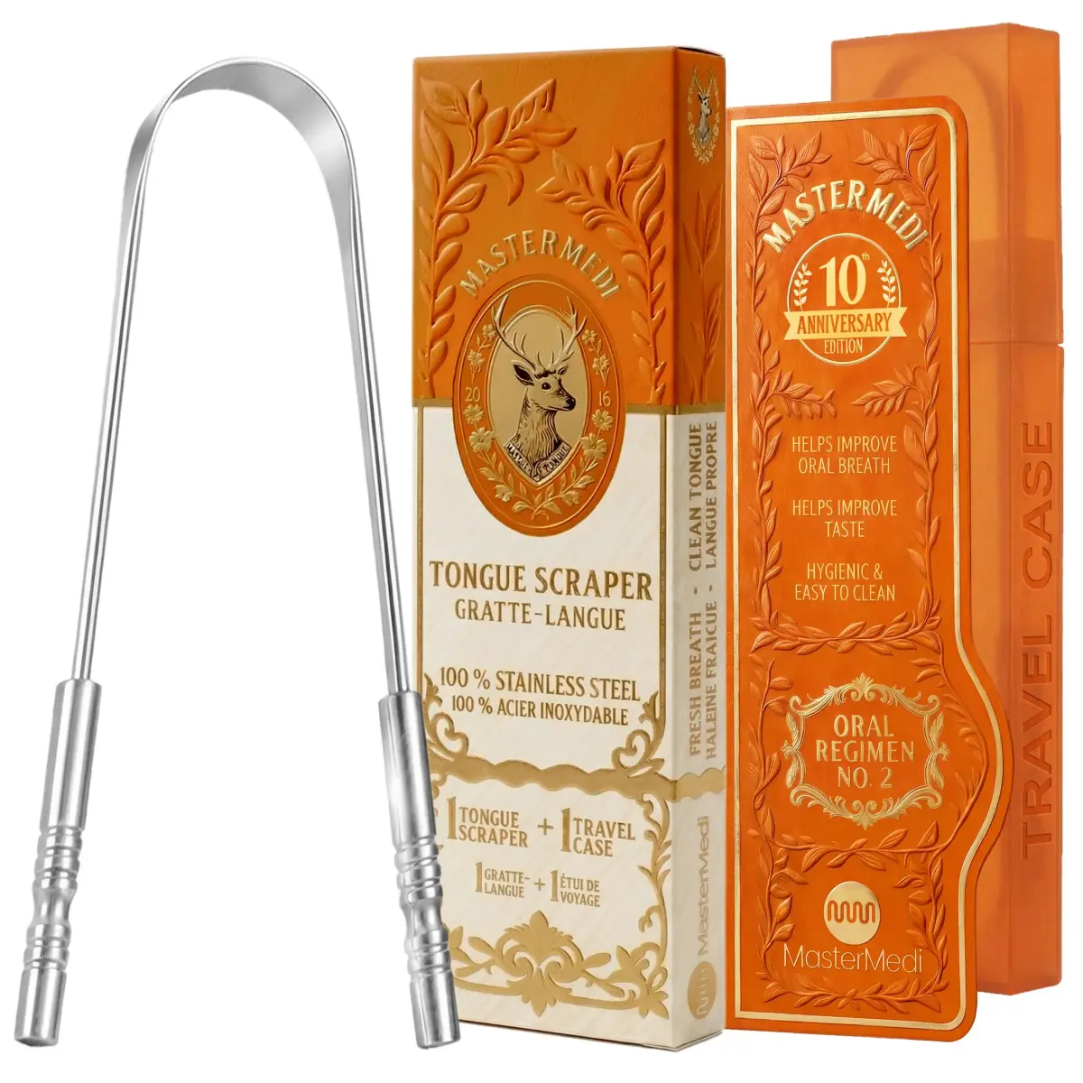 MasterMedi Stainless Steel Tongue Scraper with Case | Removes Tongue Gunk for Fresh Breath - main product image