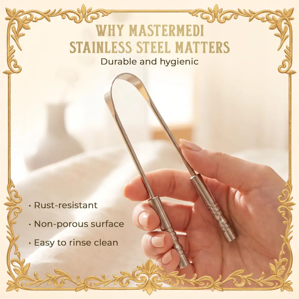 MasterMedi Stainless Steel Tongue Scraper with Case | Removes Tongue Gunk for Fresh Breath - view 4