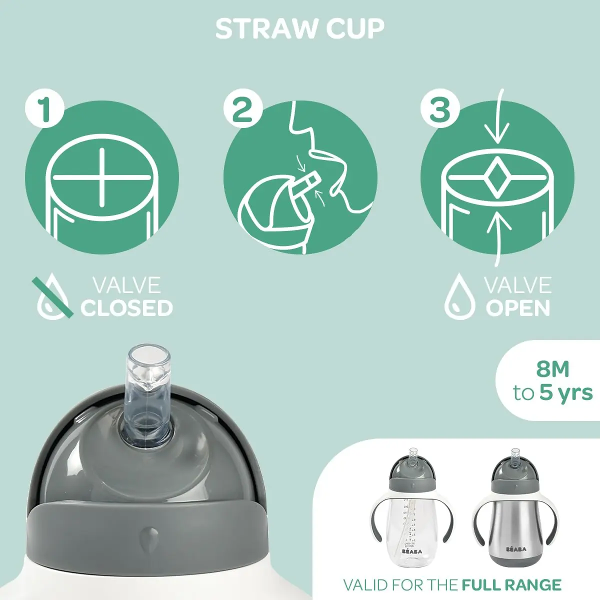 Béaba Stainless Steel Straw Sippy Cup Insulated Toddler Cup 240ml (8.5 oz) | Spill-Proof Leak-Proof for 8+ Months - view 6