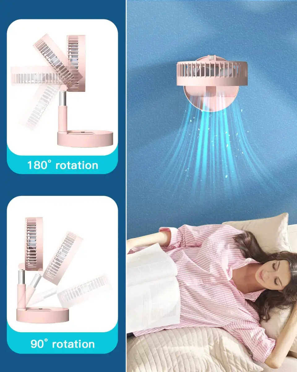AICase Folding Portable Telescopic Fan 7200mAh Battery | 4 Speeds, 39.3" Height, Pink - view 5