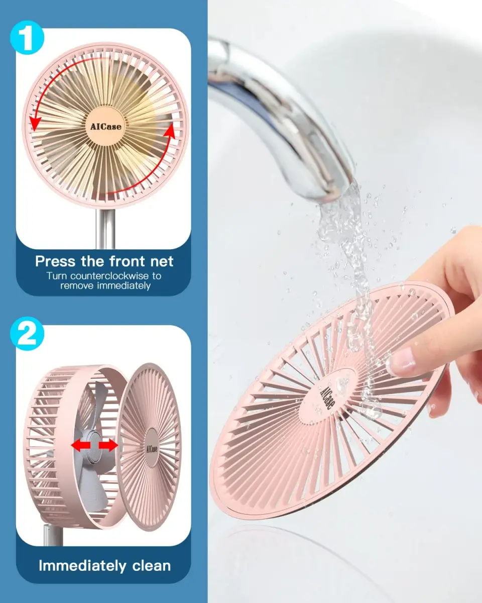 AICase Folding Portable Telescopic Fan 7200mAh Battery | 4 Speeds, 39.3" Height, Pink - view 7