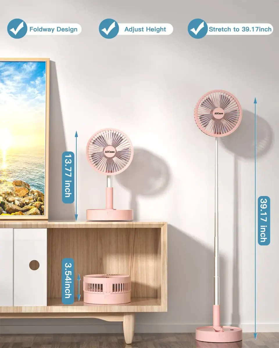 AICase Folding Portable Telescopic Fan 7200mAh Battery | 4 Speeds, 39.3" Height, Pink - view 2