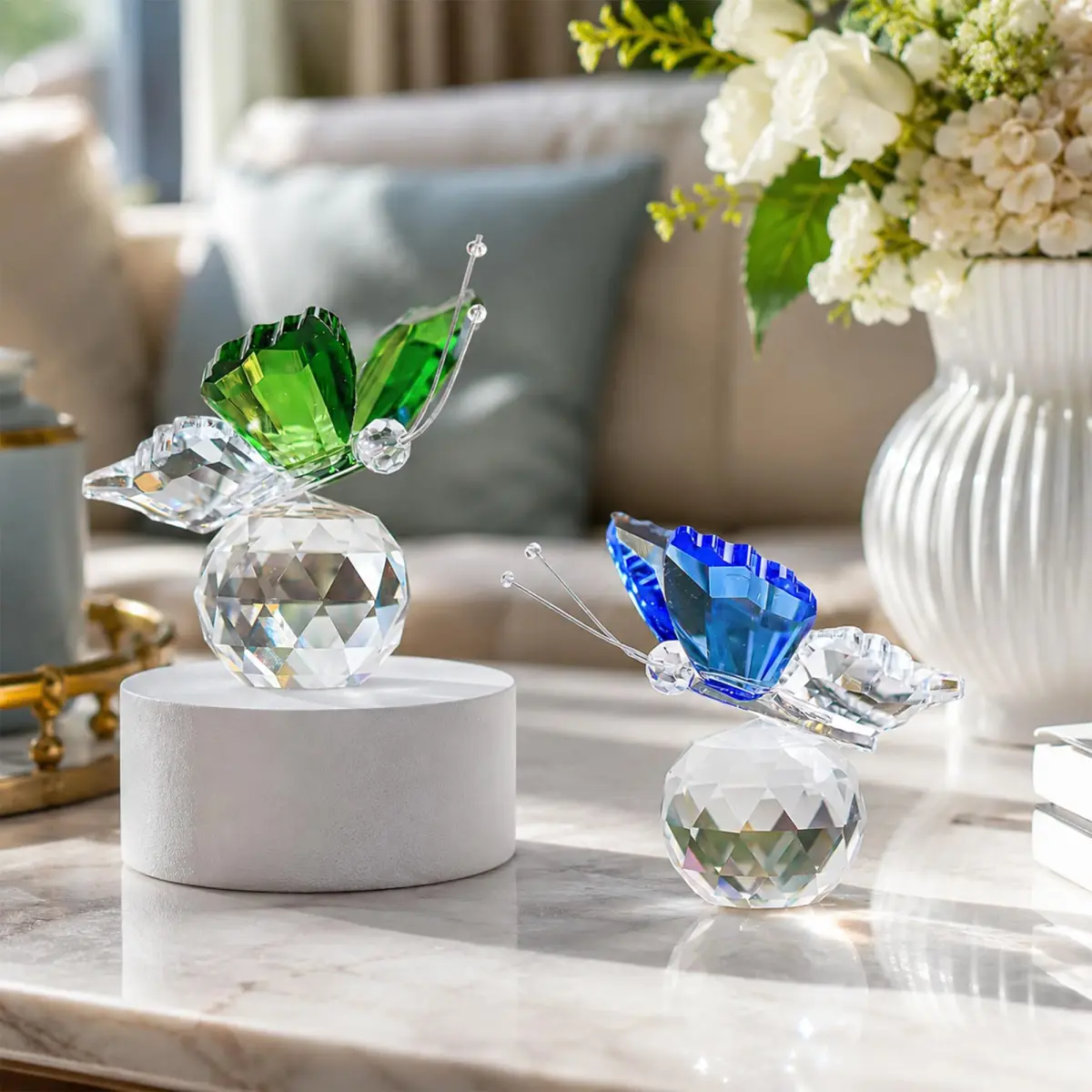 H&D HYALINE & DORA Crystal Butterfly Figurine Set 2 Glass Animal Ornament 5 cm (2*1.7 in) | Decorative Accent for Home & Office - main product image