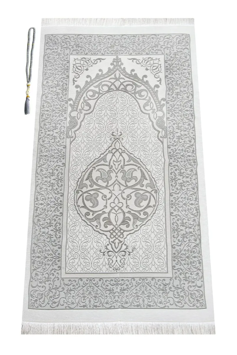 ihvan online Grey Prayer Rug with Beads - 117cm x 71cm | Soft Taffeta Islamic Janamaz - view 2