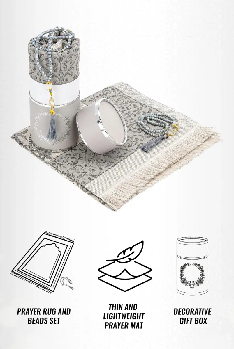ihvan online Grey Prayer Rug with Beads - 117cm x 71cm | Soft Taffeta Islamic Janamaz - view 3