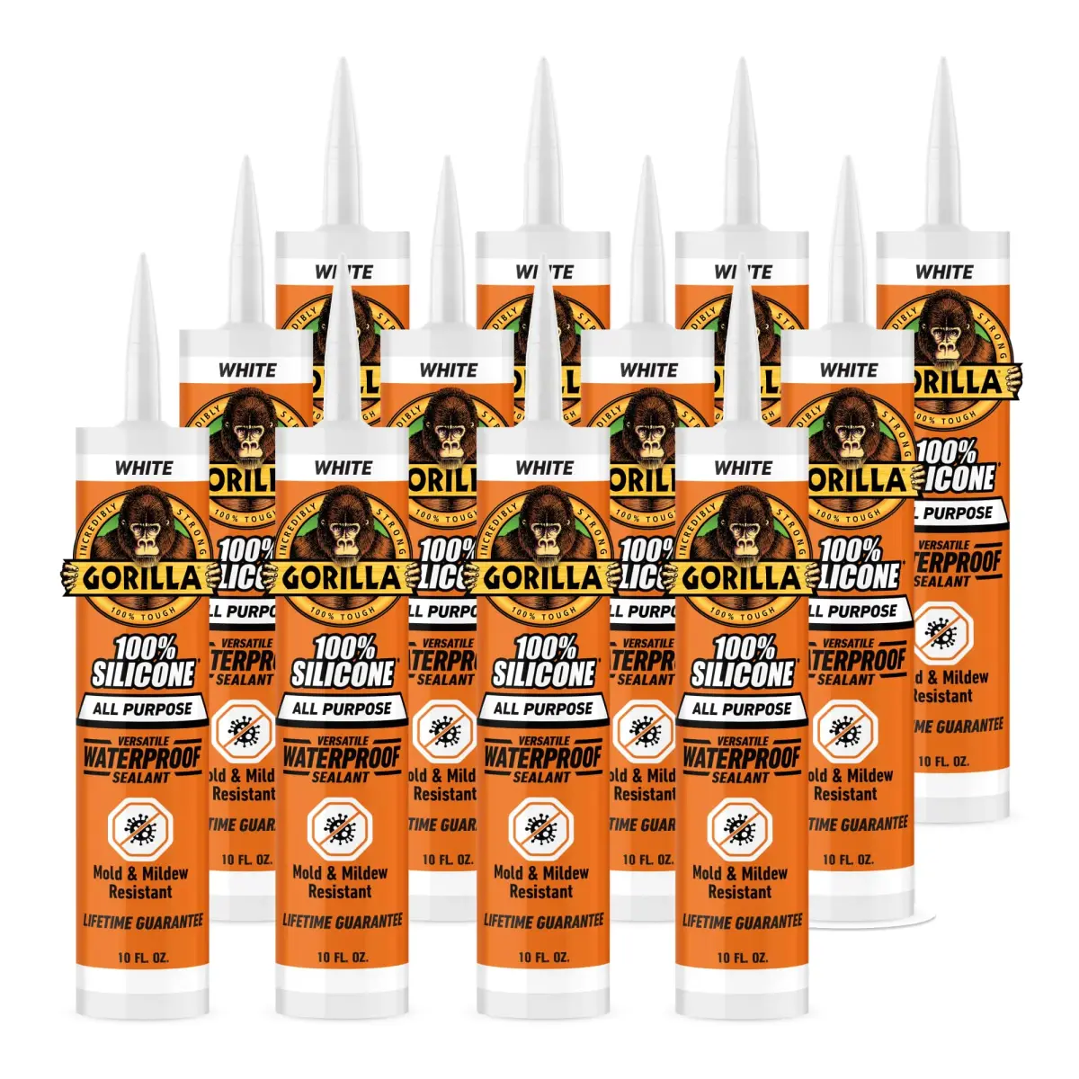 Gorilla 100% Silicone Sealant White 10oz Cartridge (12-Pack) | Waterproof, Mold & Mildew Resistant Sealant - main product image