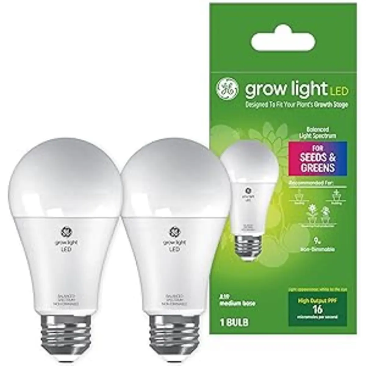 GE Grow LED Light Bulb for Plants Seeds and Greens | Balanced Spectrum, A19 (2 Pack) | Indoor Plant Growth - main product image
