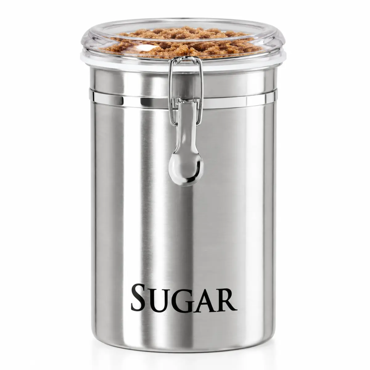 Oggi Stainless Steel Sugar Canister 62 fl oz | Airtight Clamp Lid, Clear See-Thru Top, Large Size 5" x 7.5" - main product image