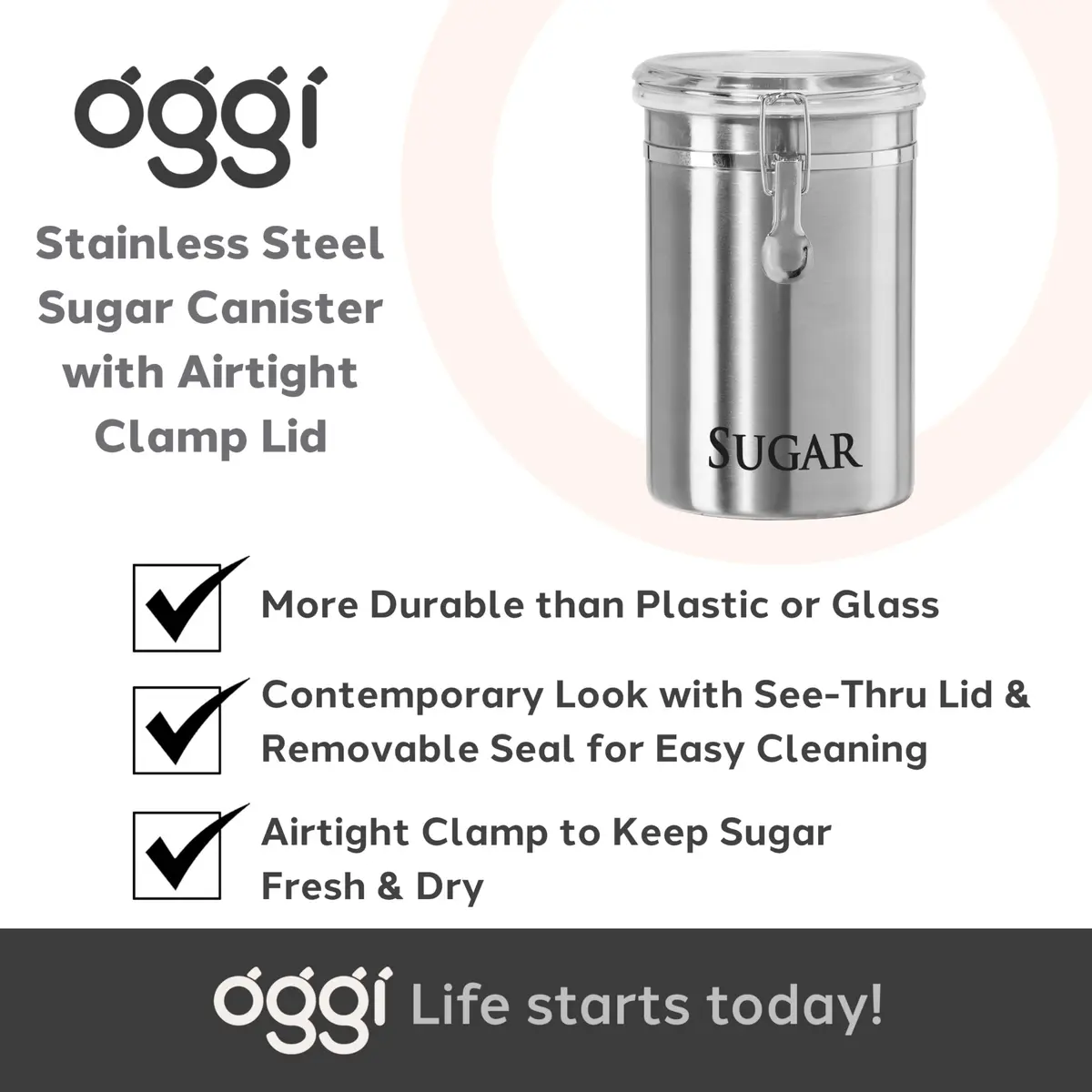 Oggi Stainless Steel Sugar Canister 62 fl oz | Airtight Clamp Lid, Clear See-Thru Top, Large Size 5" x 7.5" - view 7
