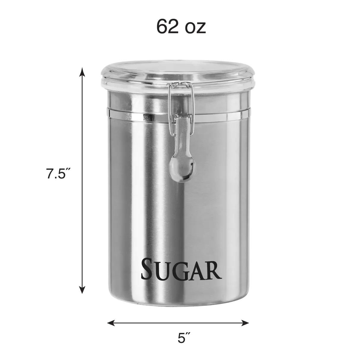 Oggi Stainless Steel Sugar Canister 62 fl oz | Airtight Clamp Lid, Clear See-Thru Top, Large Size 5" x 7.5" - view 2