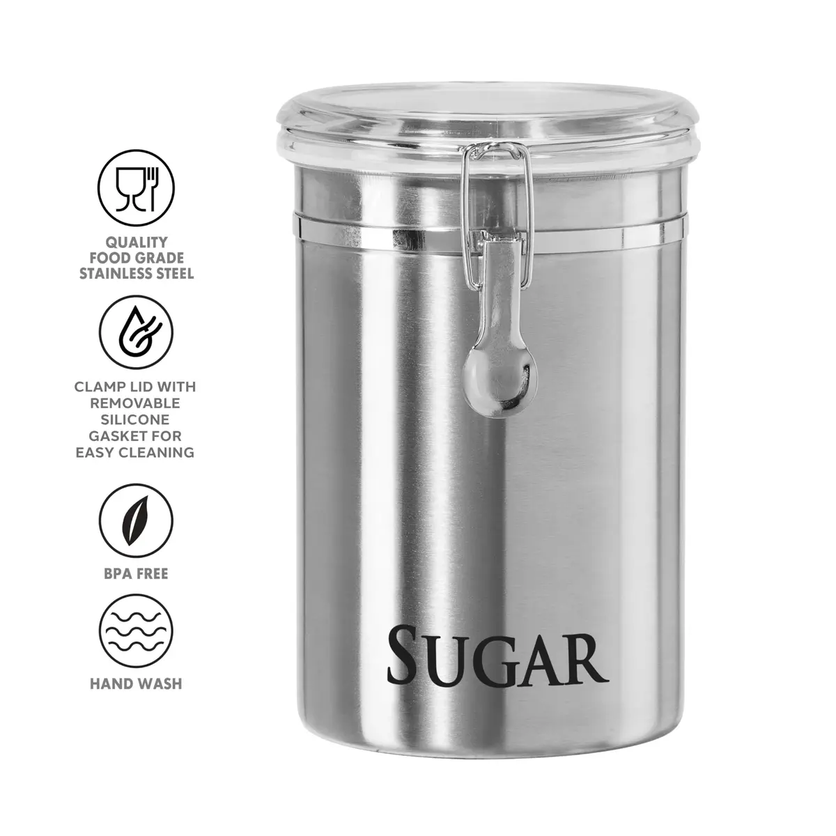 Oggi Stainless Steel Sugar Canister 62 fl oz | Airtight Clamp Lid, Clear See-Thru Top, Large Size 5" x 7.5" - view 3