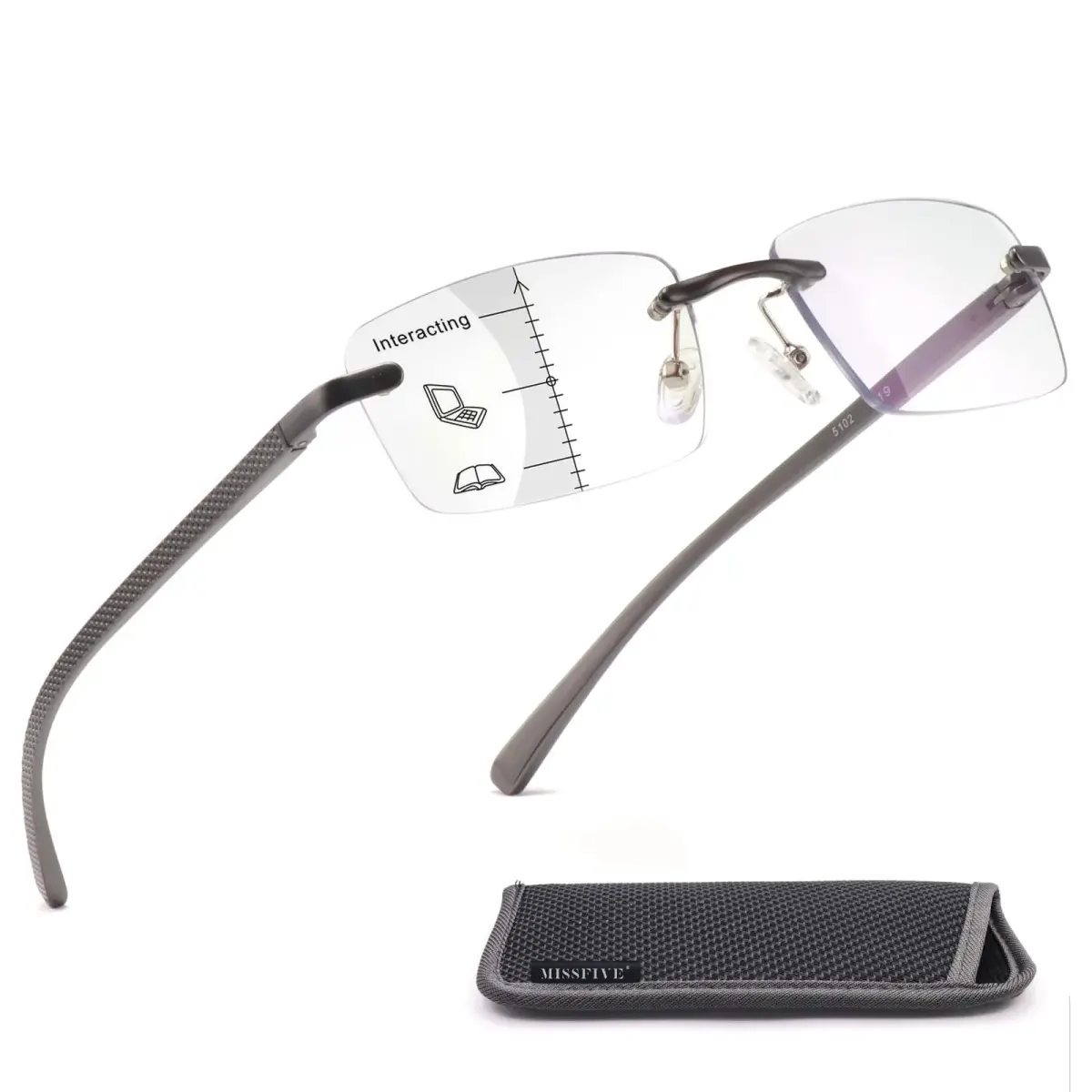 Missfive Premium Aluminum Progressive Multifocus Reading Glasses 1.5 Diopters (0.75x-1.5x) | Blue Light Blocking, Rimless Metal Readers - main product image