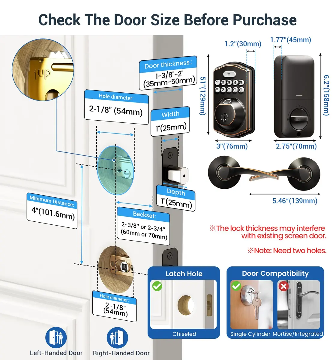 Veise Fingerprint Door Lock with 2 Lever Handles | Auto Lock & Biometric Security (70-120 chars) - view 6