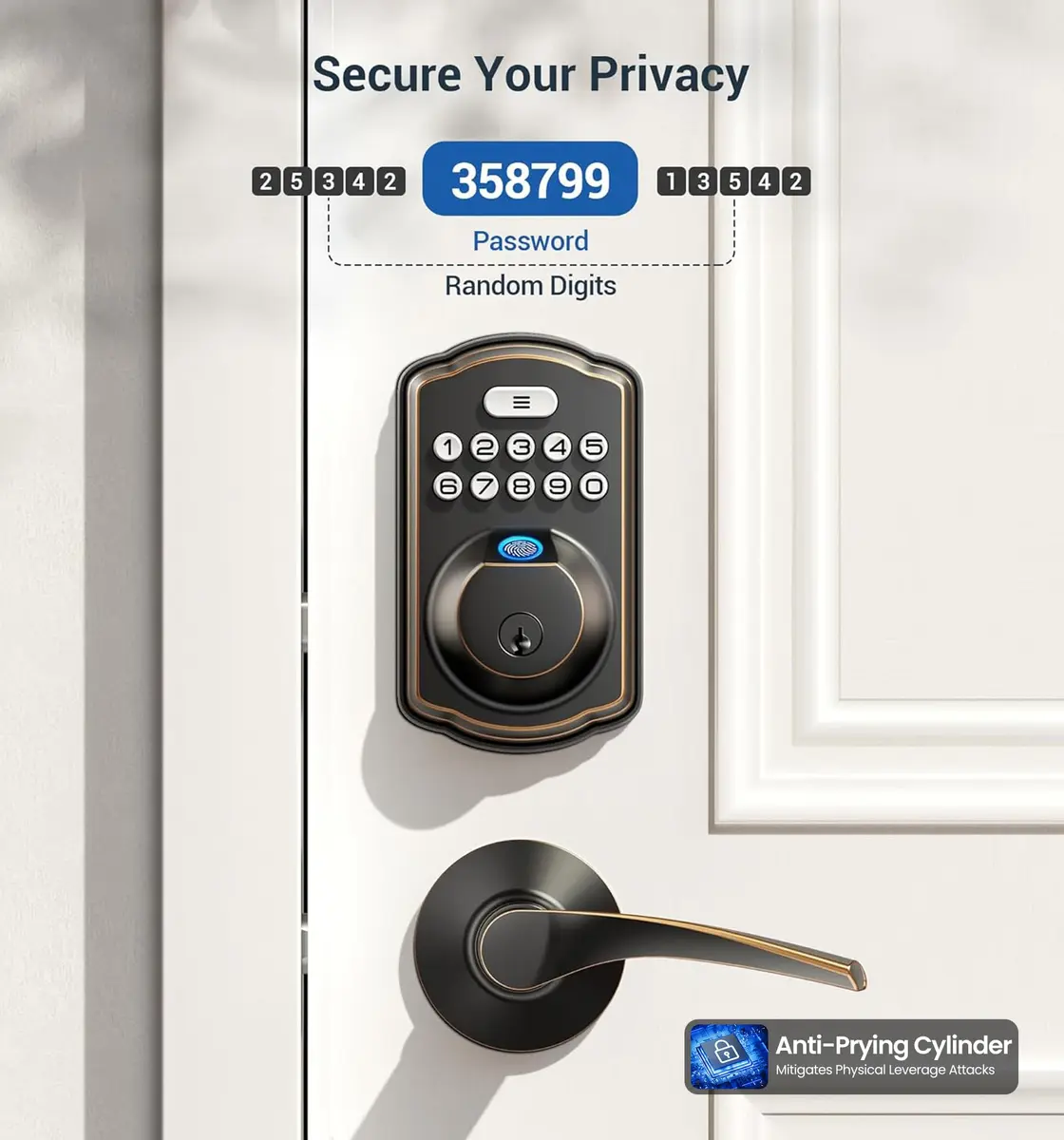 Veise Fingerprint Door Lock with 2 Lever Handles | Auto Lock & Biometric Security (70-120 chars) - view 8