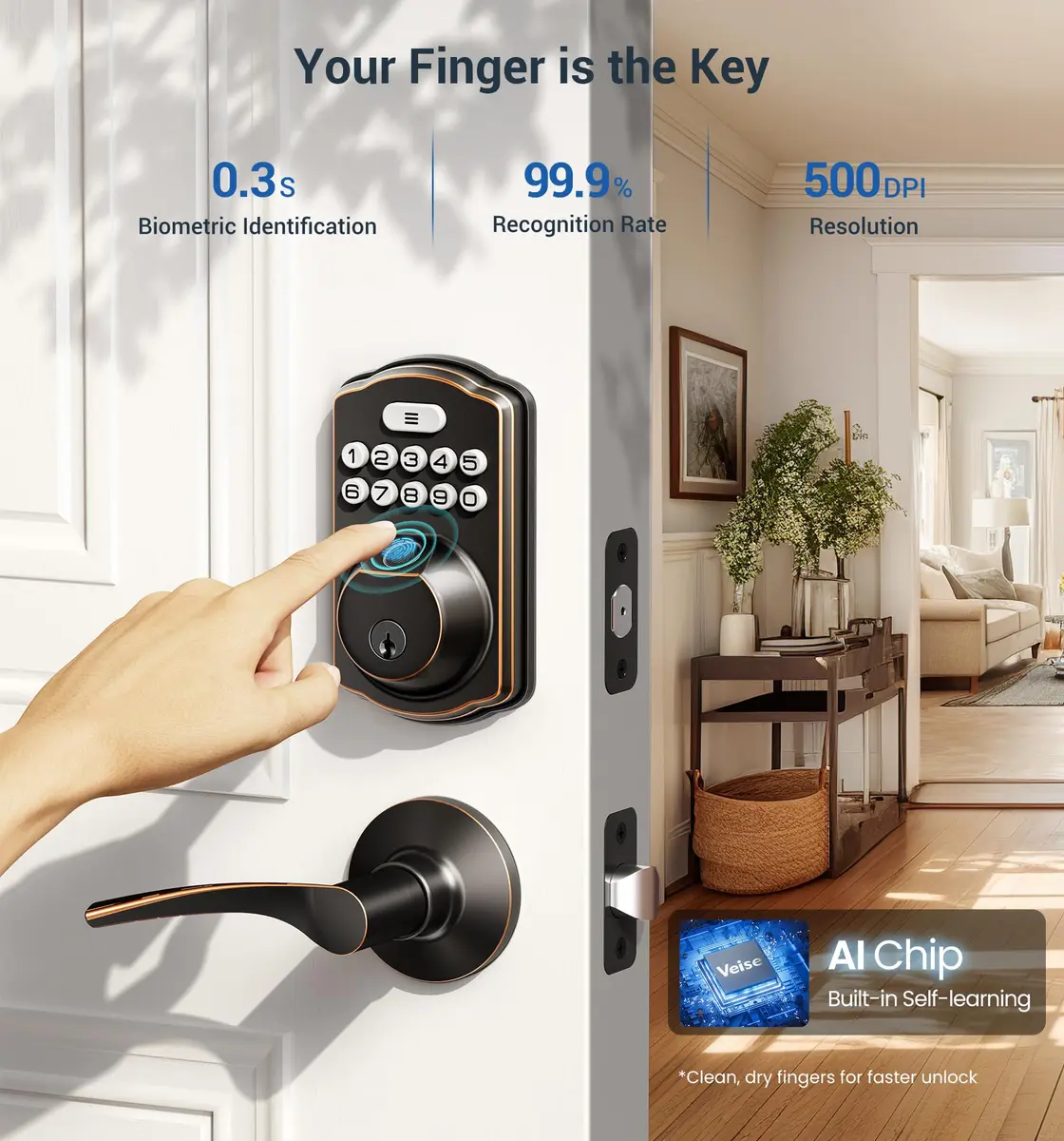Veise Fingerprint Door Lock with 2 Lever Handles | Auto Lock & Biometric Security (70-120 chars) - view 2
