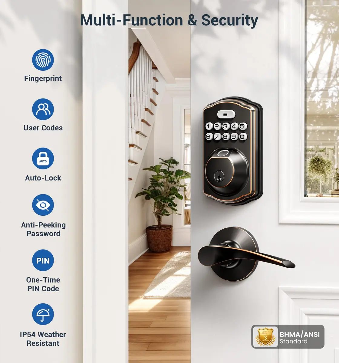 Veise Fingerprint Door Lock with 2 Lever Handles | Auto Lock & Biometric Security (70-120 chars) - view 4
