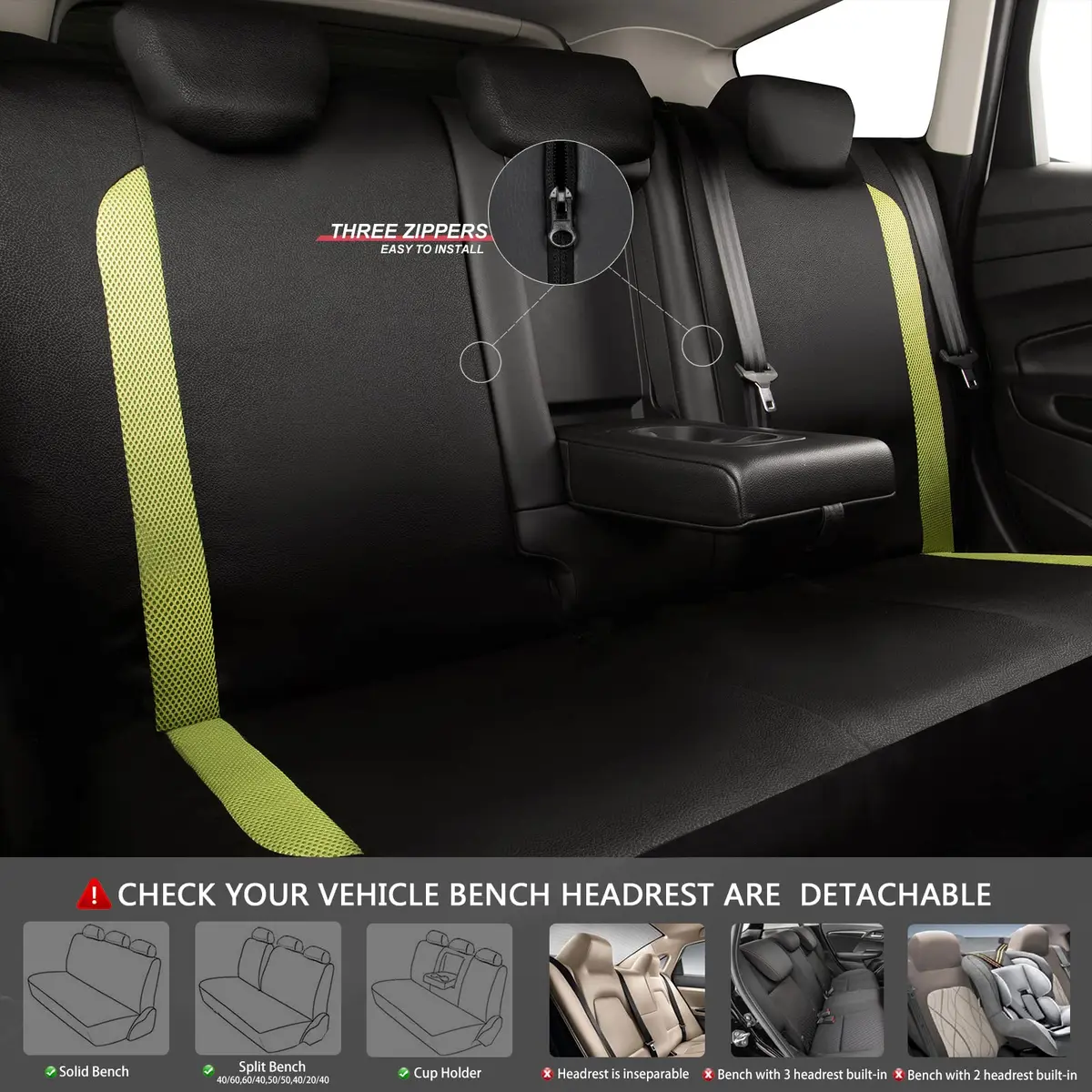 CAR PASS 3D Air Mesh in Cloth Leather Grain Breathable Car Seat Covers Full Set, Universal Fit, Black Green | Airbag Compatible & Easy Install - view 5