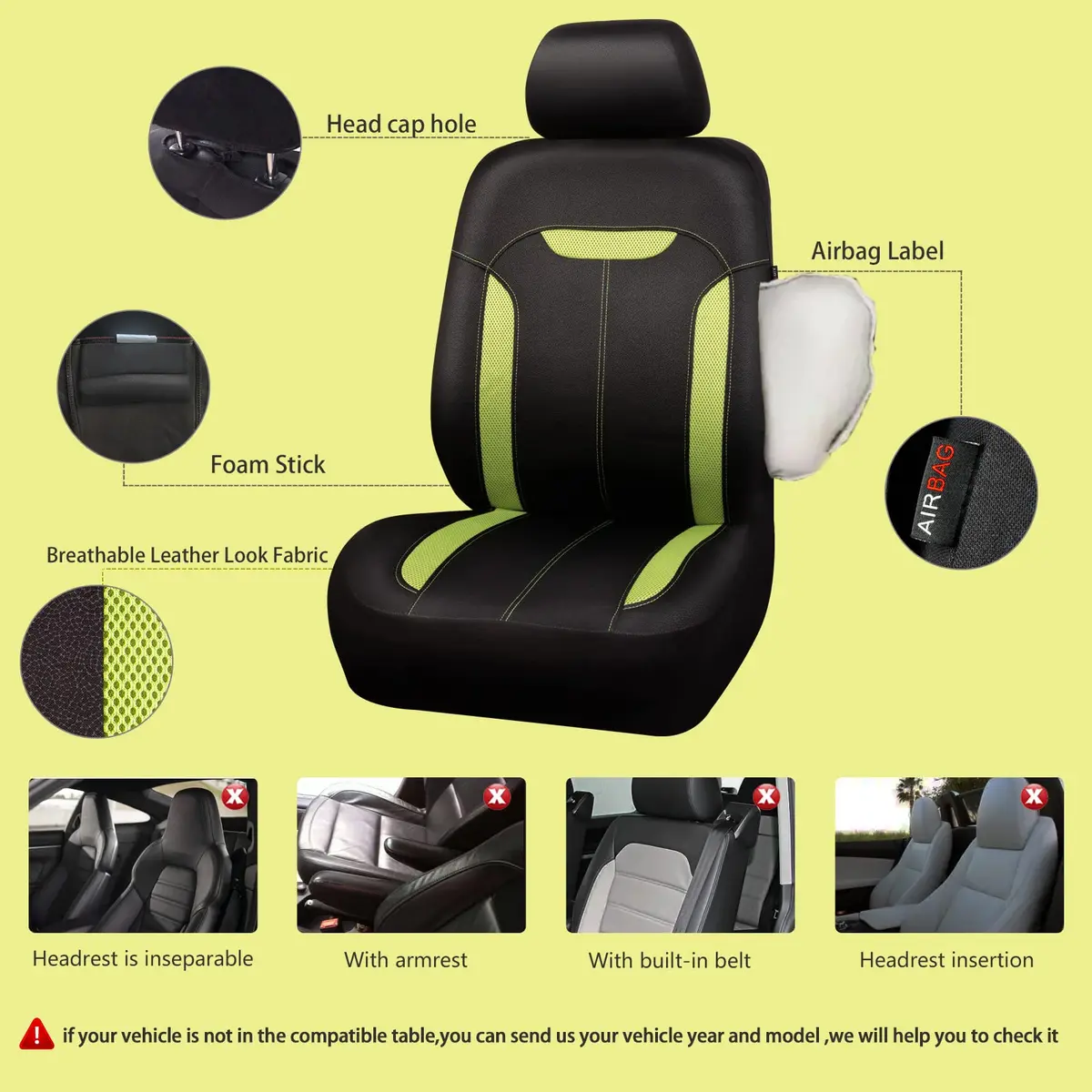 CAR PASS 3D Air Mesh in Cloth Leather Grain Breathable Car Seat Covers Full Set, Universal Fit, Black Green | Airbag Compatible & Easy Install - view 4