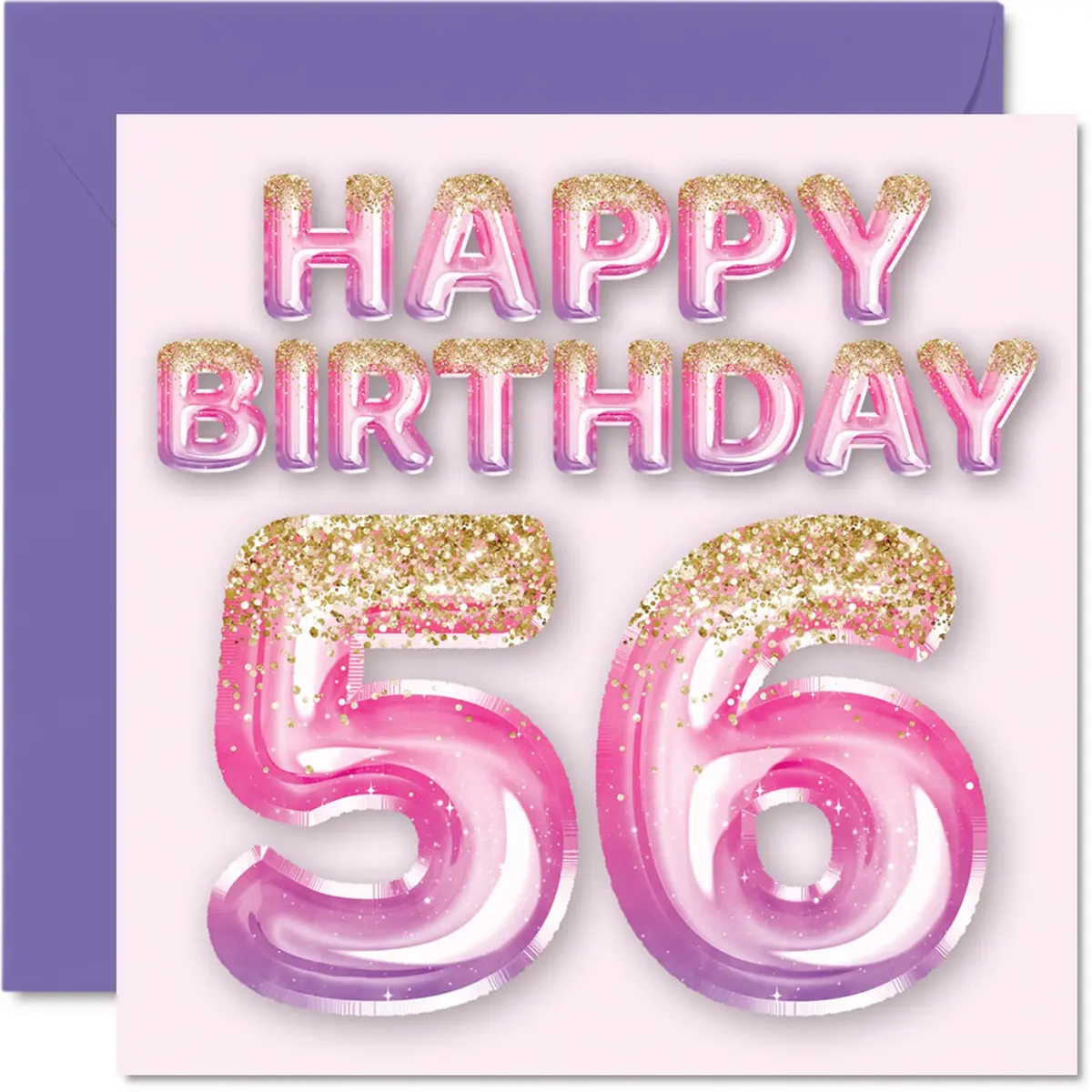 Stuff4 56th Birthday Card for Women, Pink & Purple Glitter Balloons | Funny & Elegant 5.7 x 5.7 Inch - main product image