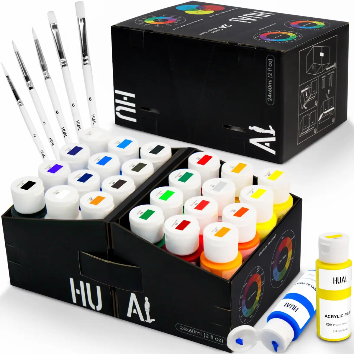 HUAL Acrylic Paint Set With 5 Brushes, 24 Colors 60ml (2 fl oz) | ASTM D-4236 Certified Non-Toxic - main product image