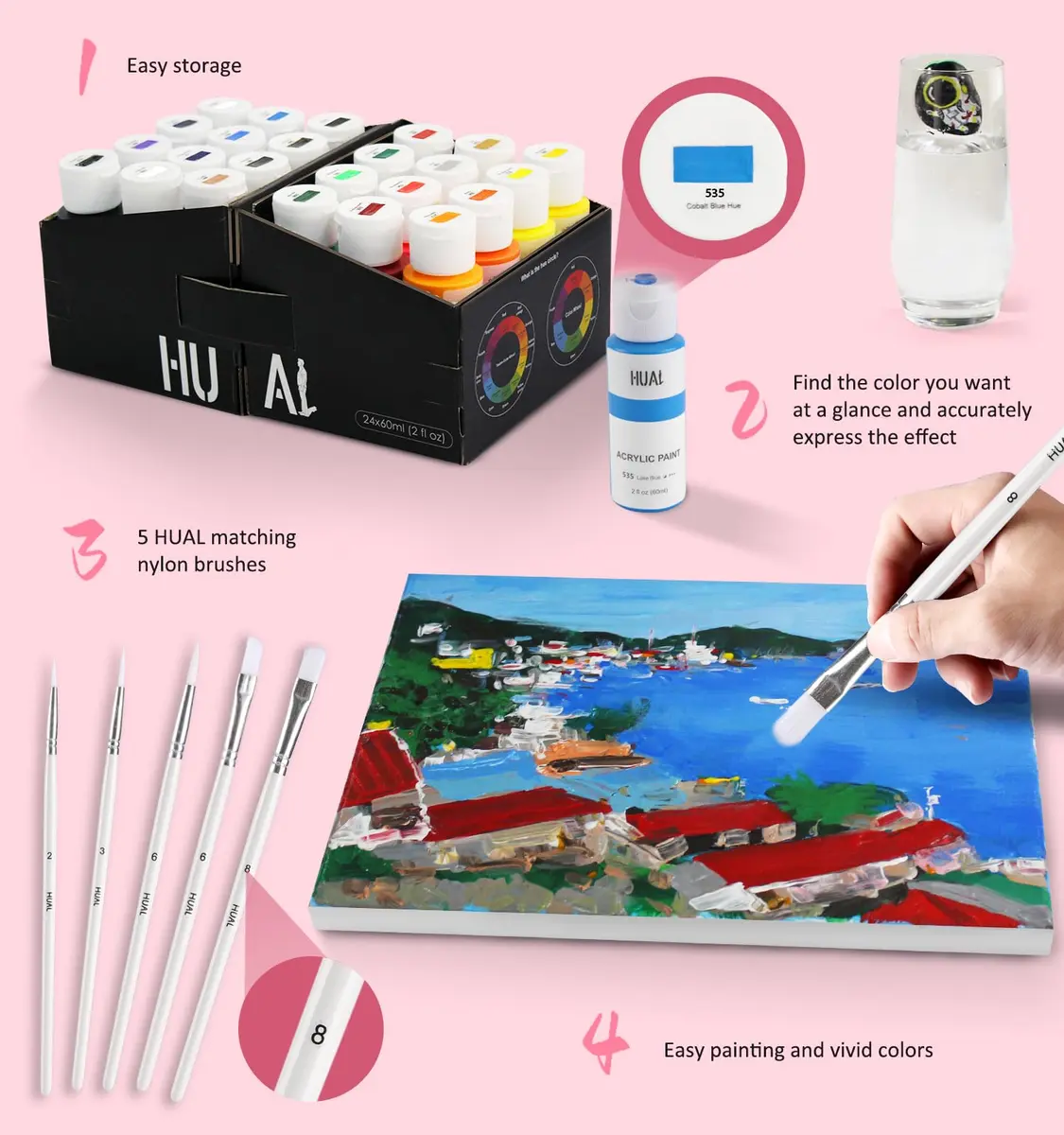 HUAL Acrylic Paint Set With 5 Brushes, 24 Colors 60ml (2 fl oz) | ASTM D-4236 Certified Non-Toxic - view 8
