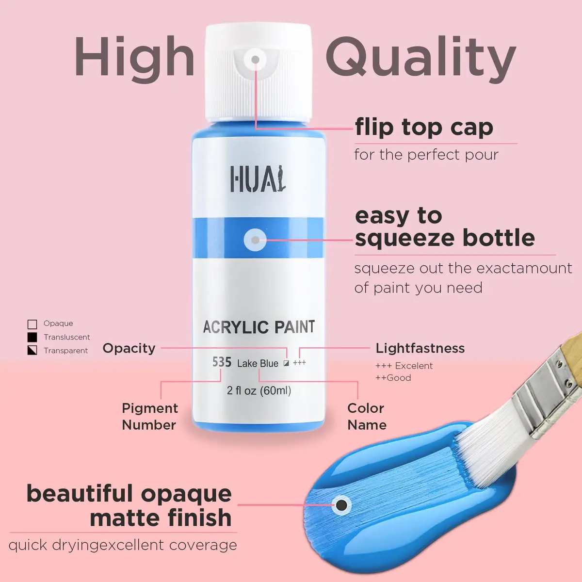 HUAL Acrylic Paint Set With 5 Brushes, 24 Colors 60ml (2 fl oz) | ASTM D-4236 Certified Non-Toxic - view 2