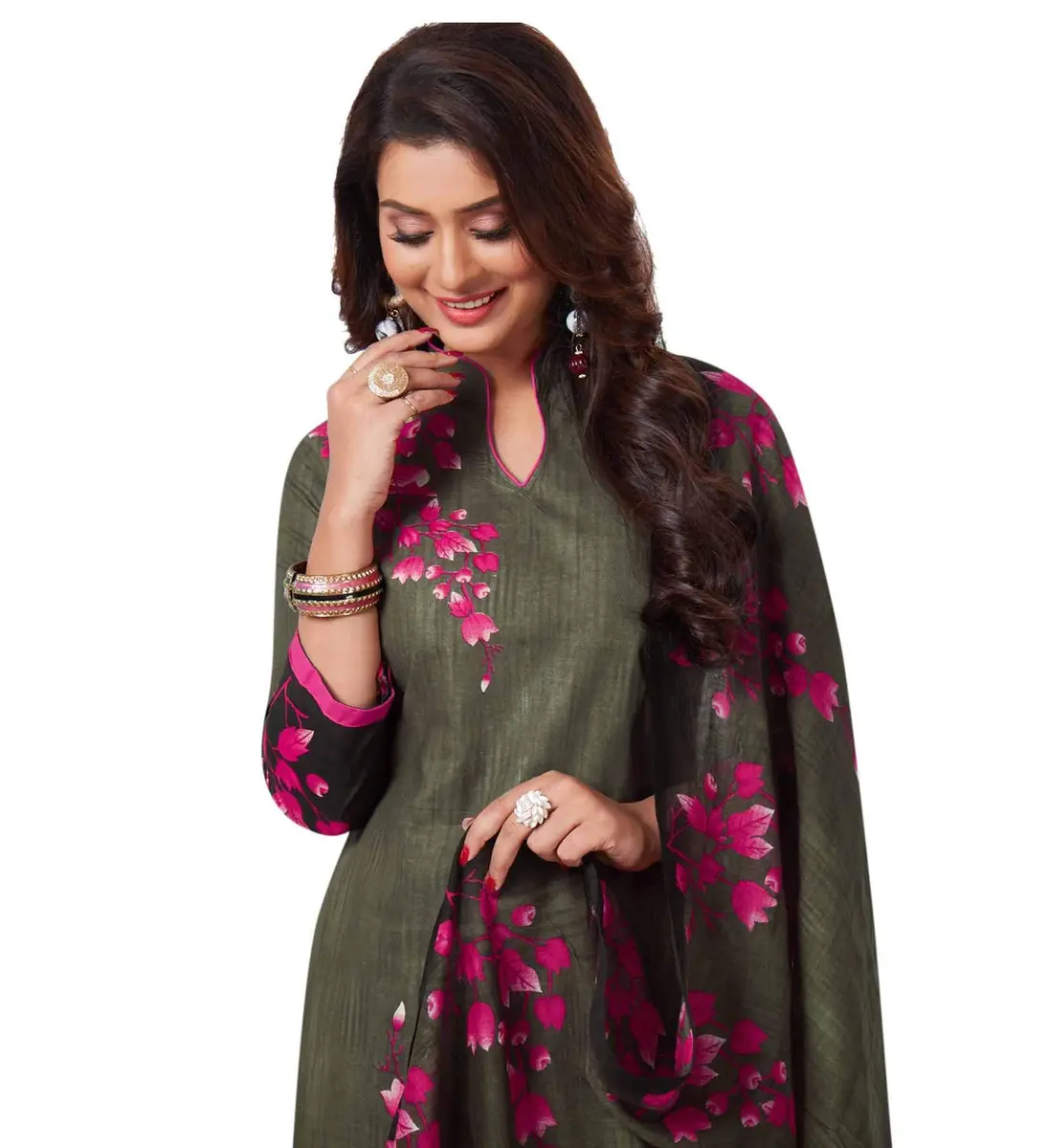 Miraan Women's Cotton Printed Readymade Salwar Suit Set with Dupatta, Green (Large, 680g) - view 4