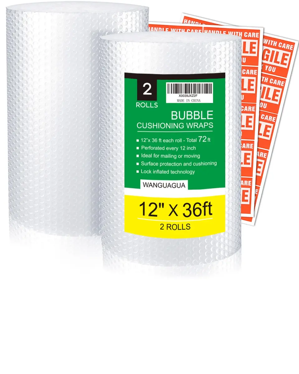 WANGUAGUA Bubble Packing Wrap 2 Pack 12 Inch x 72 ft | Multi-layer Cushioning for Moving & Shipping - main product image