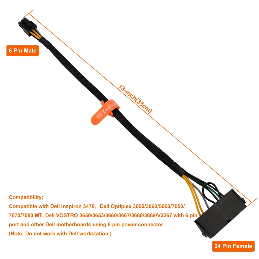 YEZriler 24 Pin to 6 Pin ATX PSU Adapter Cable 33cm (13 inch) | Converts Standard ATX to Dell Motherboard Power - view 4