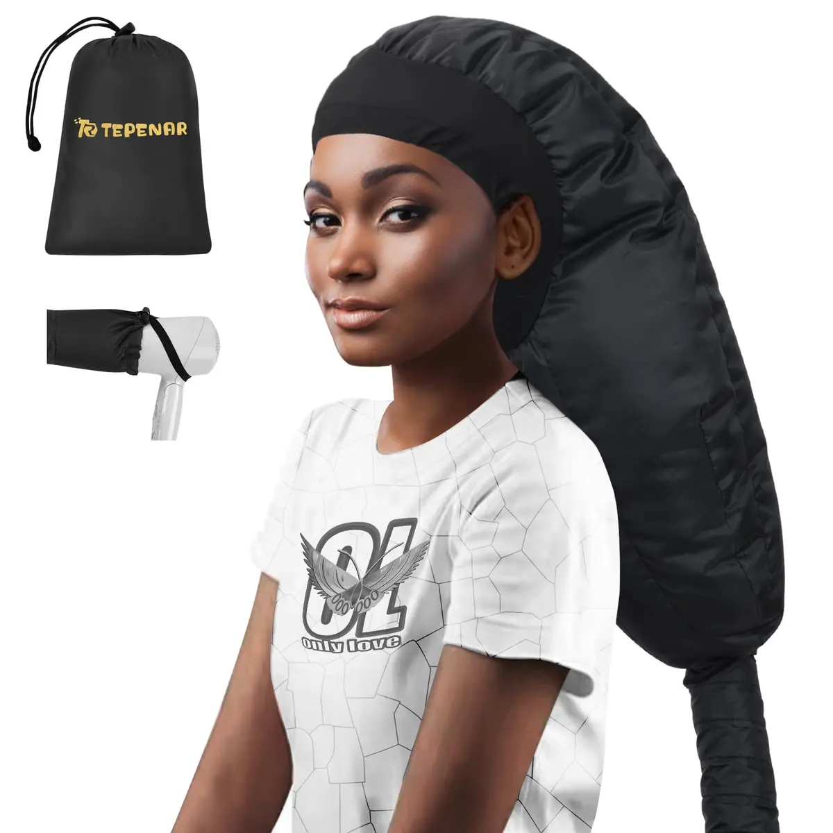 TEPENAR Hair Dryer Bonnet Attachment: Extra Large Hood, Adjustable, Fast Drying, for Curly Hair, Black | Portable & Handsfree - main product image