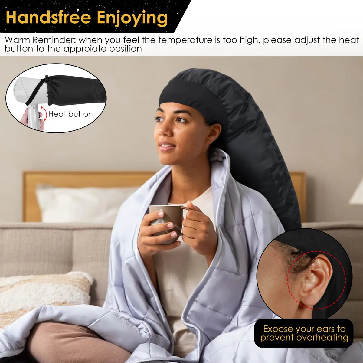 TEPENAR Hair Dryer Bonnet Attachment: Extra Large Hood, Adjustable, Fast Drying, for Curly Hair, Black | Portable & Handsfree - view 5