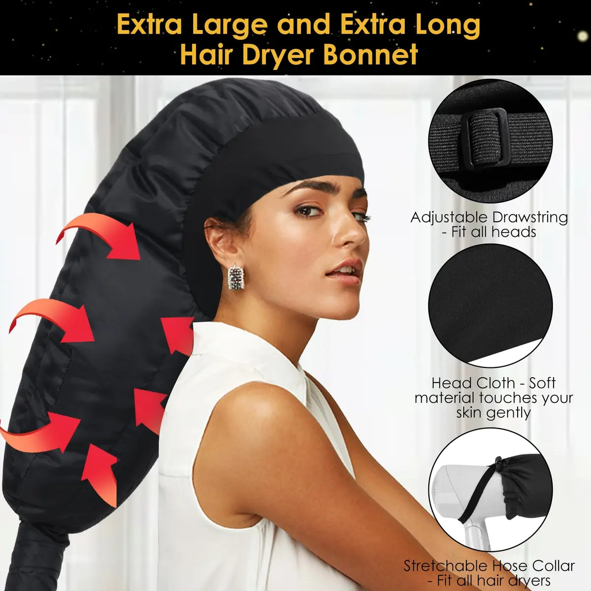 TEPENAR Hair Dryer Bonnet Attachment: Extra Large Hood, Adjustable, Fast Drying, for Curly Hair, Black | Portable & Handsfree - view 2