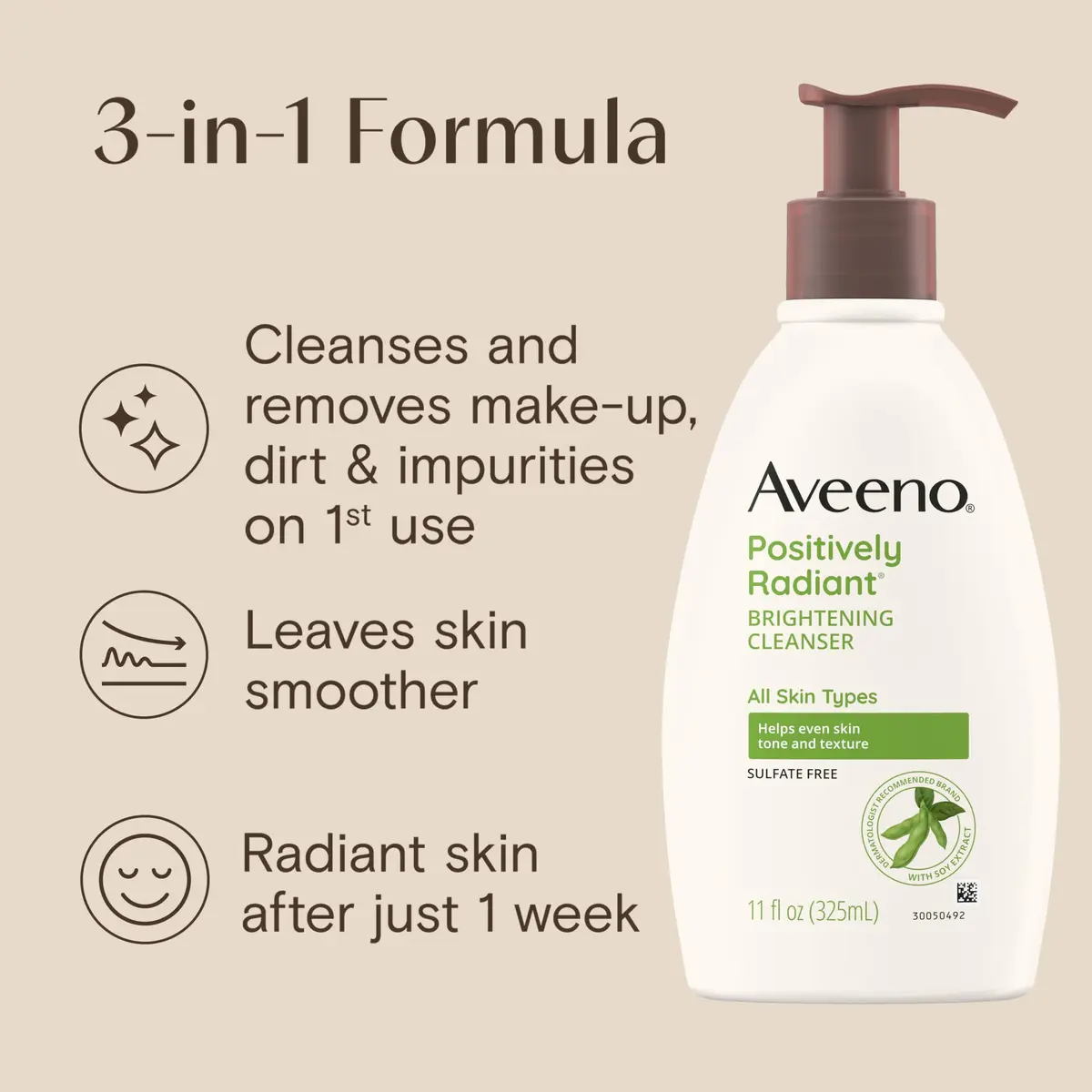 Aveeno Positively Radiant Brightening Facial Cleanser, 11 fl. oz | Gentle daily face wash with soy extract for radiant skin - view 6