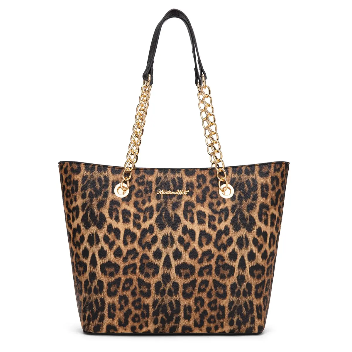 Montana West Leopard Print Tote Bag with Gold Chain Handle & Zipper Closure, 30.5cm (12") x 27.9cm (11") x 12.2cm (4.8") | Stylish Vegan Leather Handbag for Women - main product image