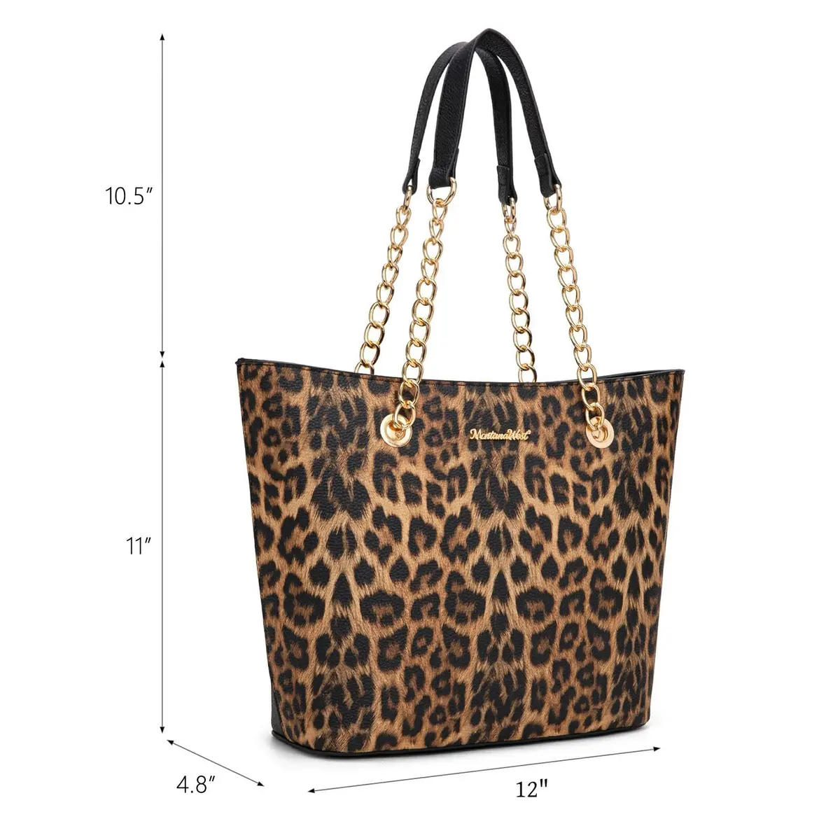Montana West Leopard Print Tote Bag with Gold Chain Handle & Zipper Closure, 30.5cm (12") x 27.9cm (11") x 12.2cm (4.8") | Stylish Vegan Leather Handbag for Women - view 3