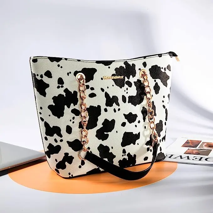 Montana West Tote Bag for Women Chain Top-handle Satchel Handbags Ladies Purses Shoulder Bags MWC-0391BK/COW 31.75 cm (12.5 in) | Elegant PU Leather with Golden Chain Handle - view 2