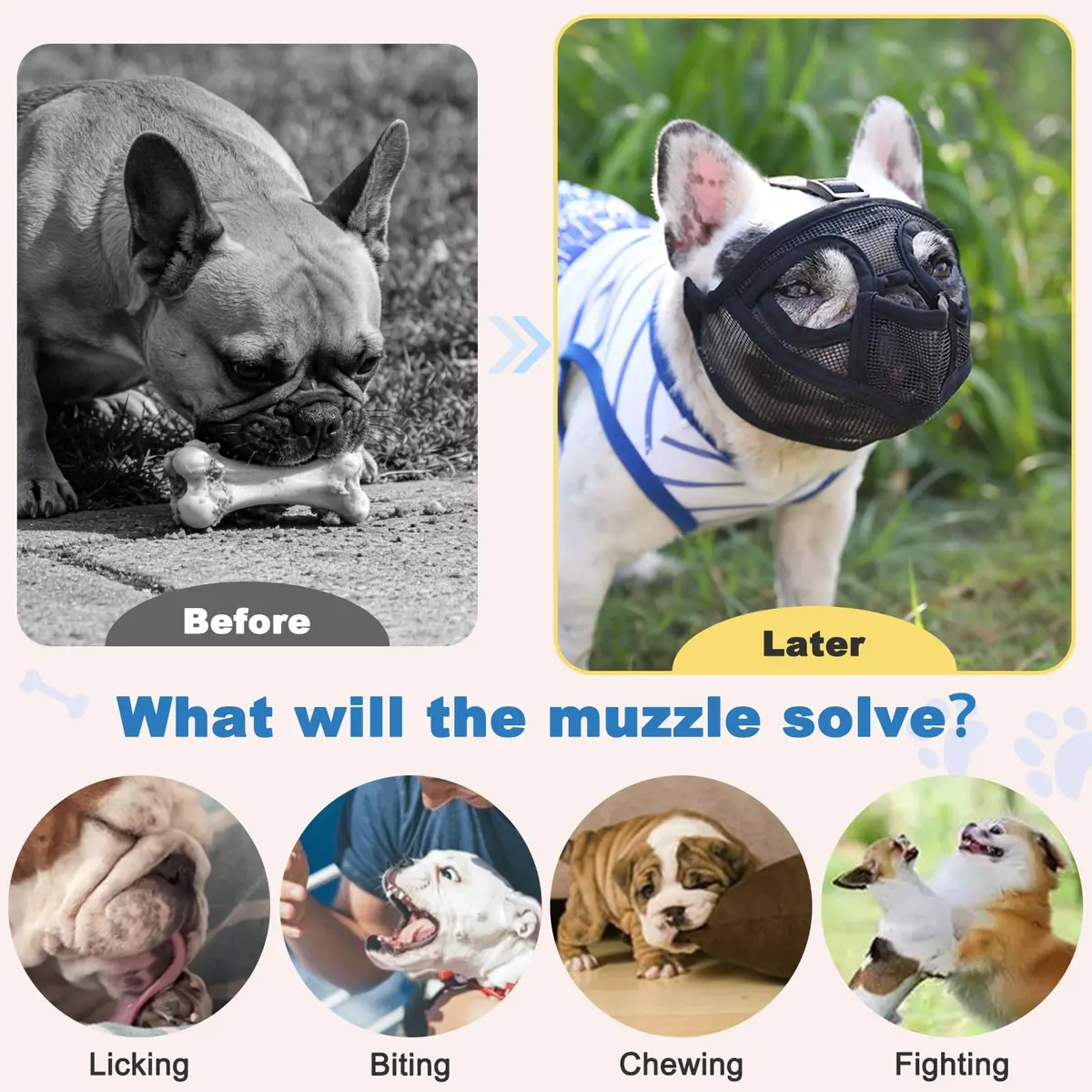 BARKLESS French Bulldog Muzzle Size M (18-20.5'' Head) | Breathable Mesh Short Snout Dog Muzzle for Panting & Grooming - view 6