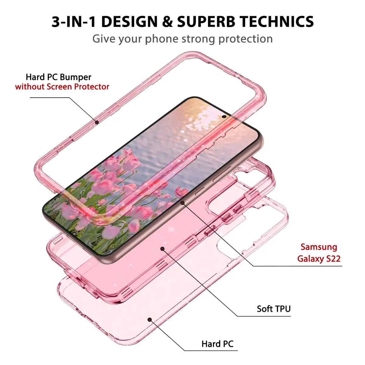 Btscase Pink Glitter Marble Case for Samsung Galaxy S22 5G 6.1 Inch | 3-Layer Shockproof Protection - view 2