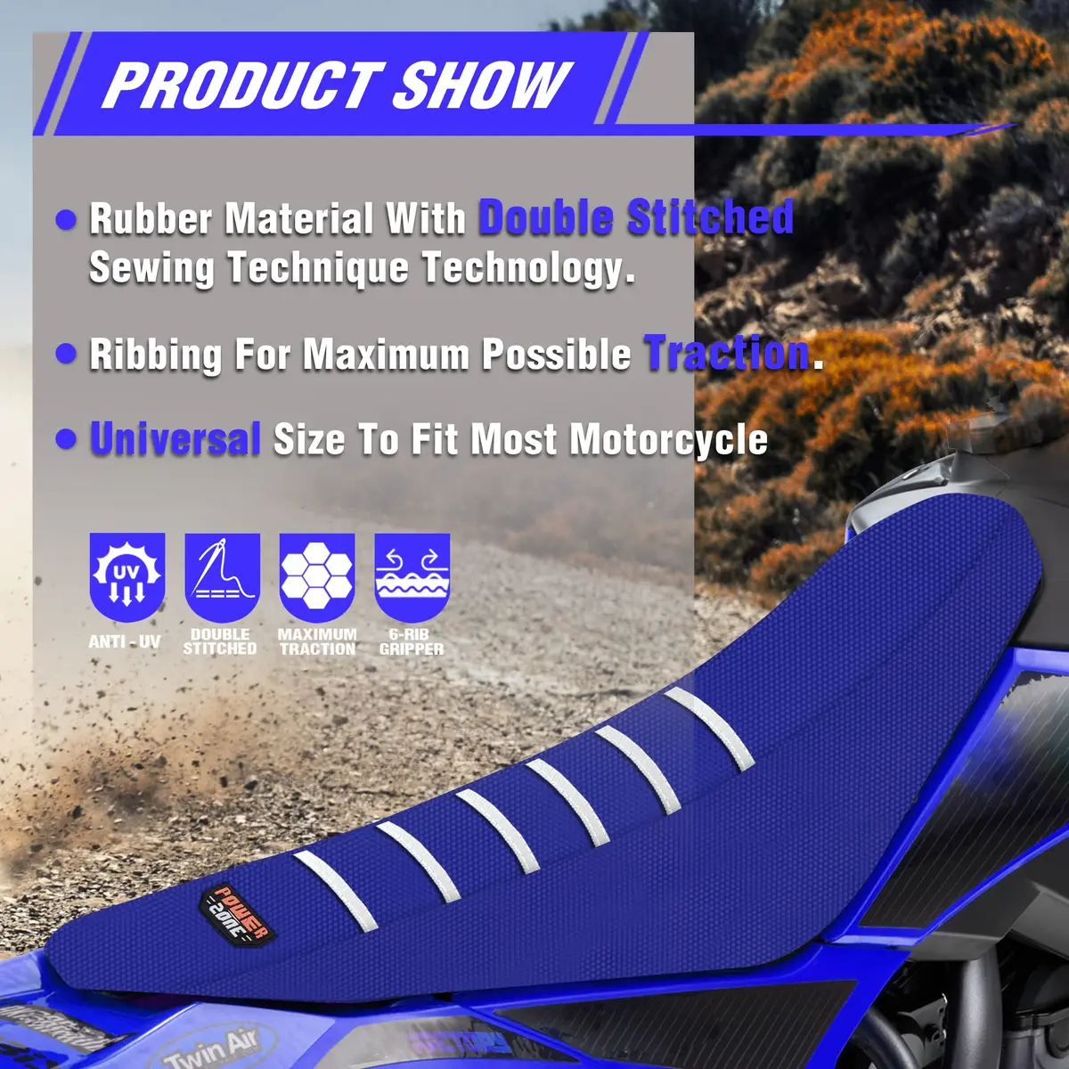 fewfuss Dirt Bike Seat Cover - White Stripe Universal Seat Cover for Dirt Bike - Motorcycle Enduro Seat (Blue) | Waterproof & Grippy - view 4