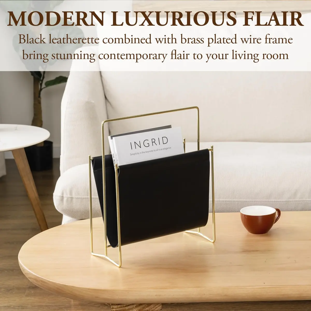MyGift Black Leatherette Magazine Holder with Brass Metal Frame, 13 Inch | Modern Contemporary Desk Organizer - view 2