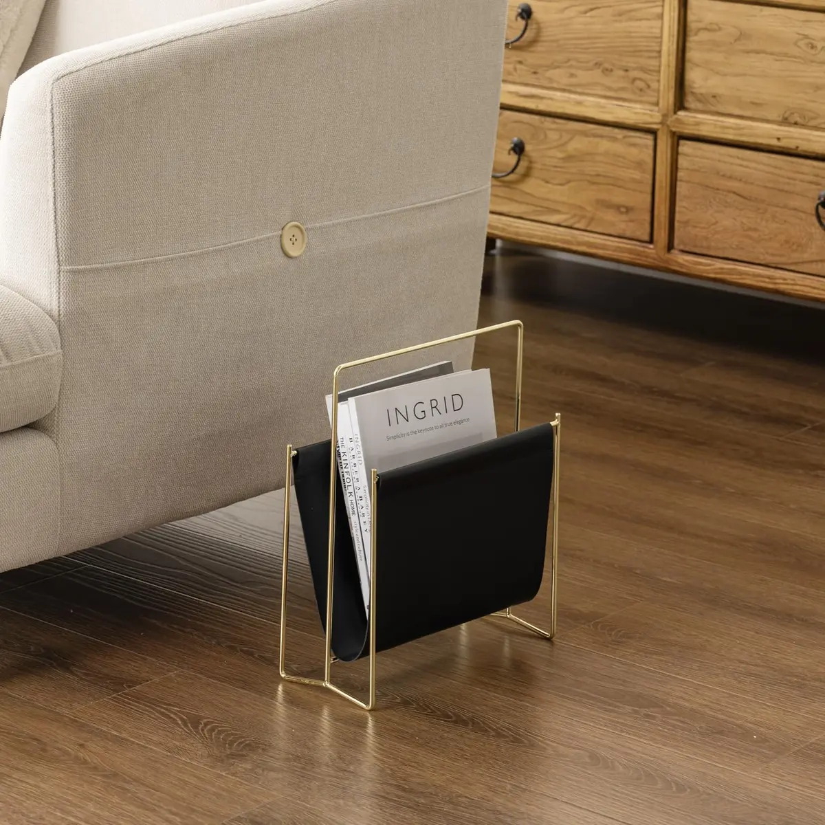 MyGift Black Leatherette Magazine Holder with Brass Metal Frame, 13 Inch | Modern Contemporary Desk Organizer - view 3