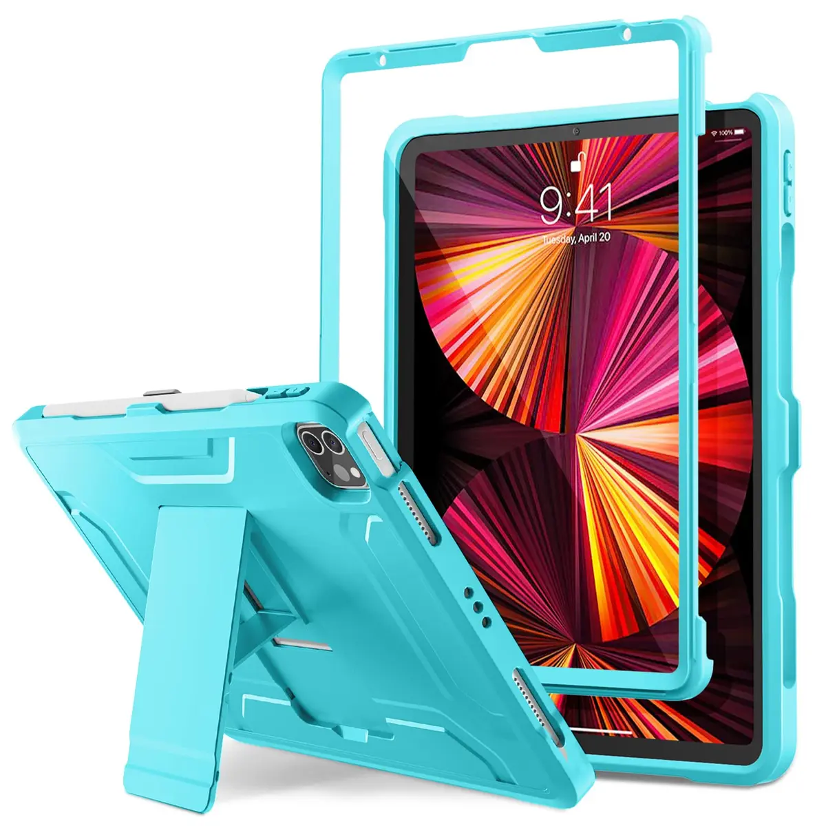 DTTO for iPad Pro 11 Inch Case 4th/3rd/2nd/1st Gen 2022/2021/2020, Cyan Blue | Shock-Resistant Dual Layer Cover with Kickstand - main product image