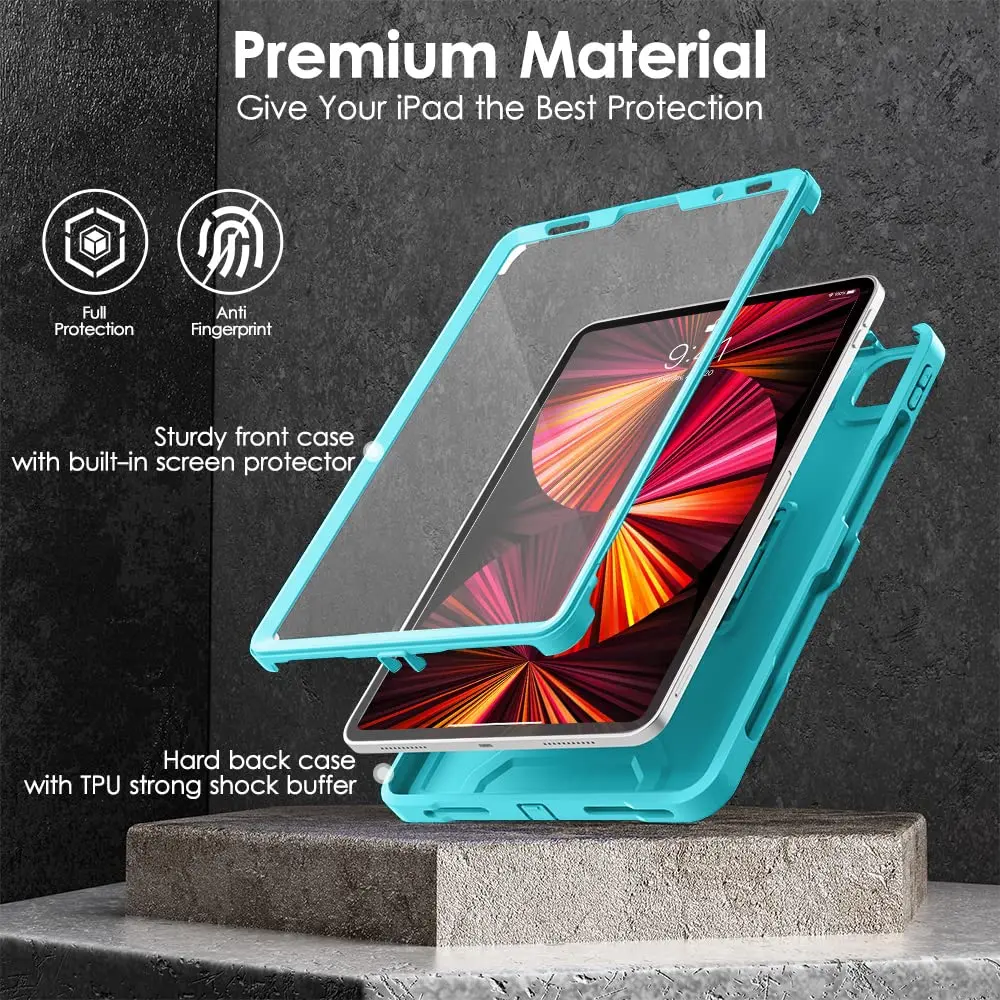 DTTO for iPad Pro 11 Inch Case 4th/3rd/2nd/1st Gen 2022/2021/2020, Cyan Blue | Shock-Resistant Dual Layer Cover with Kickstand - view 6