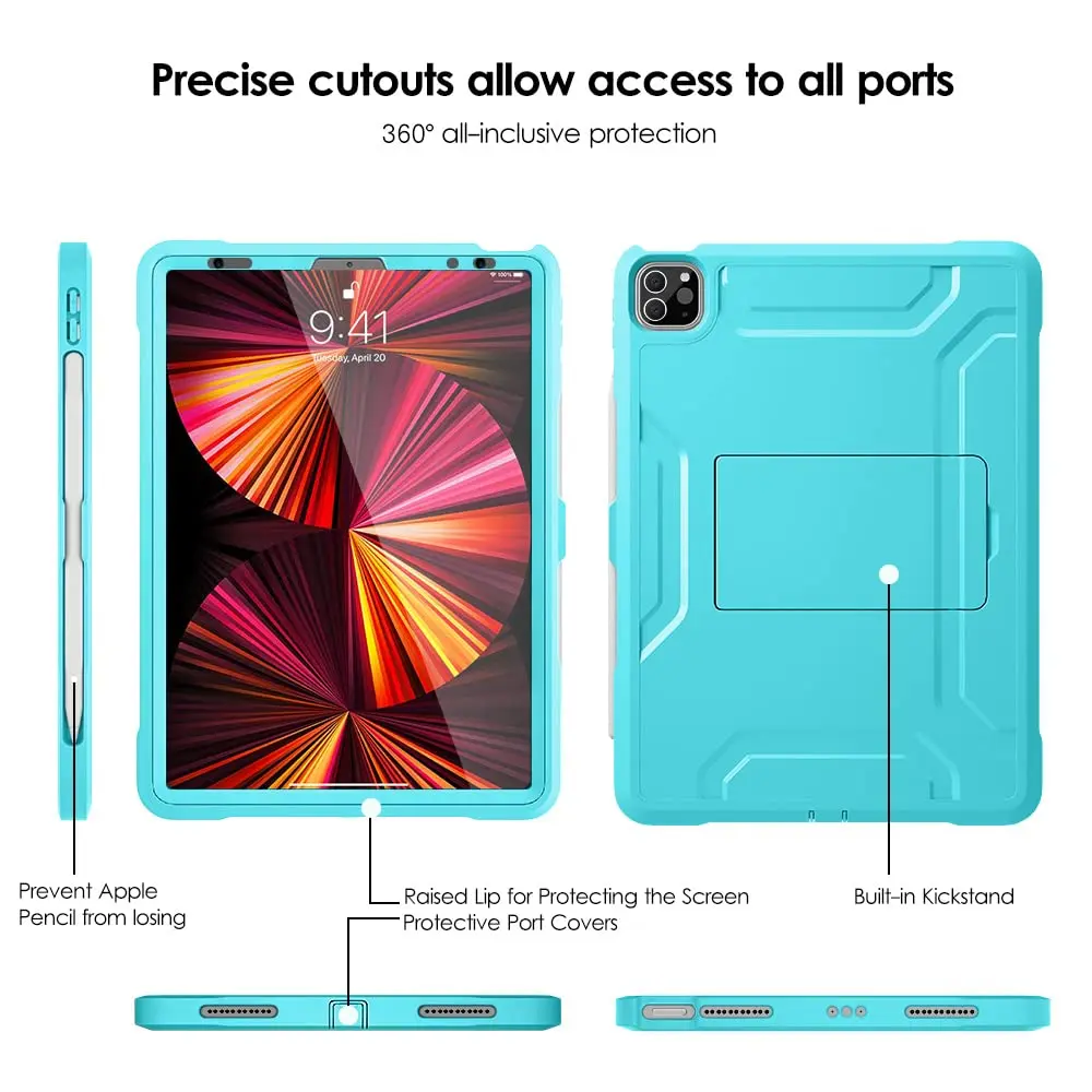 DTTO for iPad Pro 11 Inch Case 4th/3rd/2nd/1st Gen 2022/2021/2020, Cyan Blue | Shock-Resistant Dual Layer Cover with Kickstand - view 7