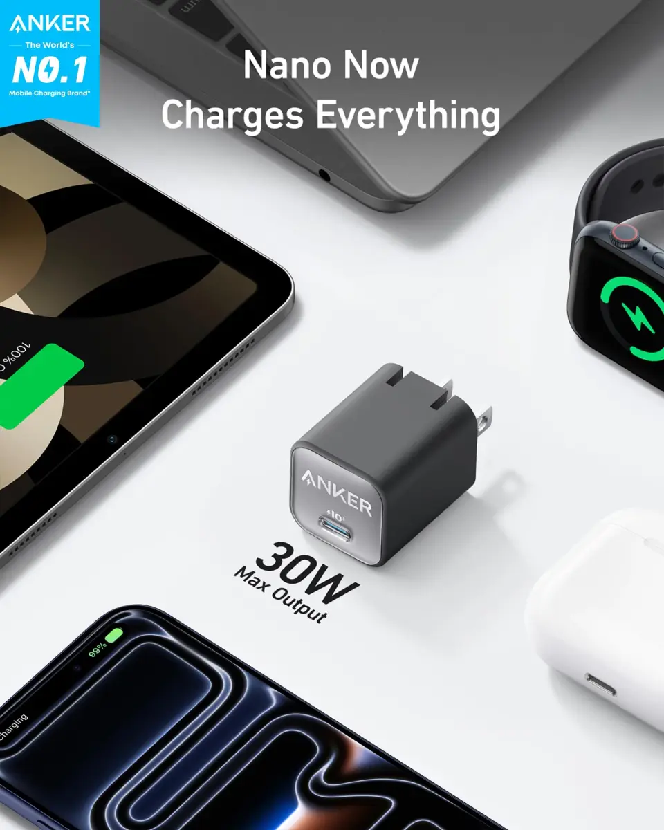 Anker Nano 3 30W GaN USB C Charger | Phantom Black, 28.5mm x 28.5mm x 35.5mm - view 2