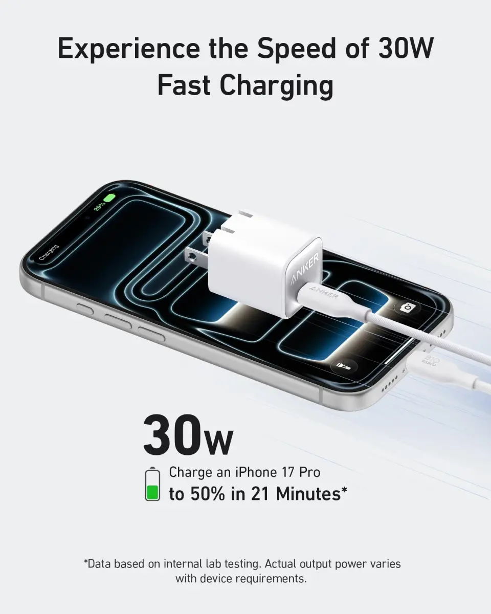 Anker Nano 3 30W GaN USB C Charger | Phantom Black, 28.5mm x 28.5mm x 35.5mm - view 3