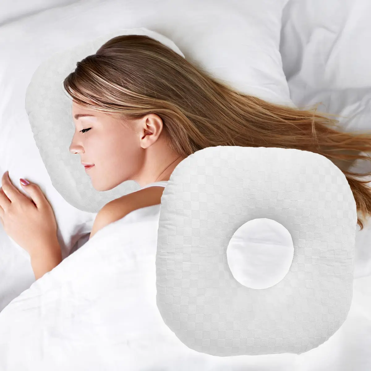 Wuronsa Ear Piercing Pillow with Hole for Cartilage Piercings, CNH Support | Adjustable Cotton Pillow for Ear Pain Relief - main product image